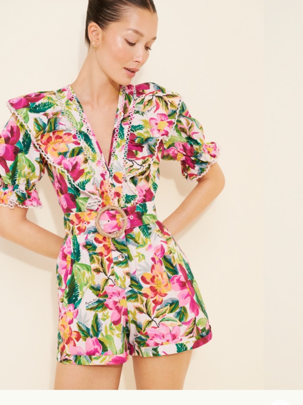 FARM Rio Painted Flowers Off-White Romper Large
